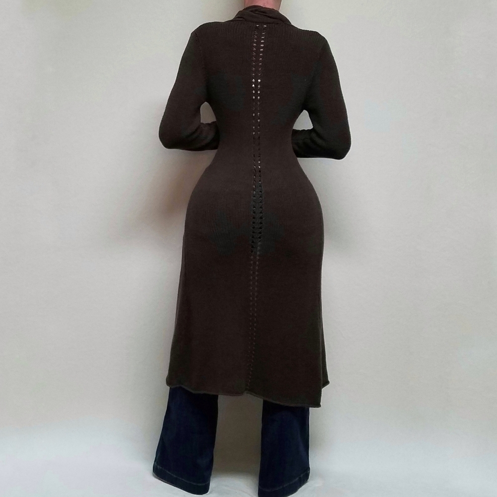 Rare Vintage 90s Max Studio Chocolate Brown Braided Detail Maxi Duster Cardigan - Picture 3 of 14